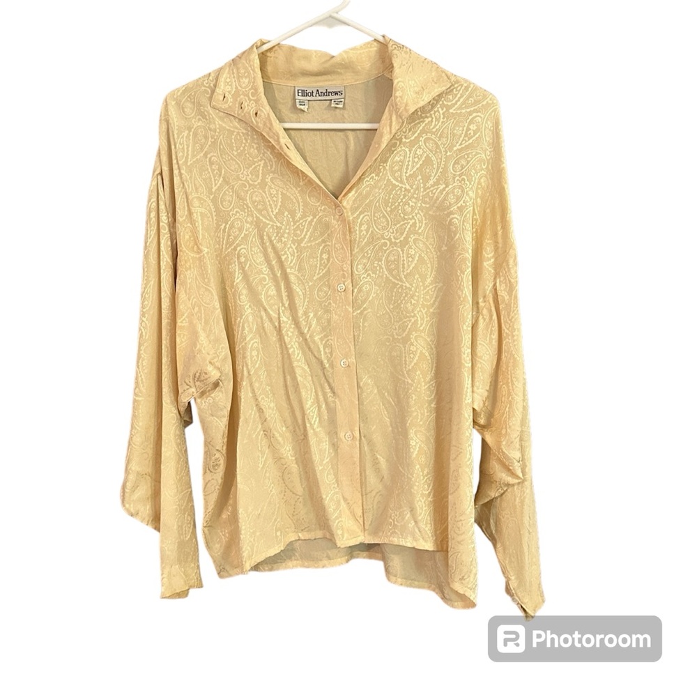 Elliott Andrews Silk Blouse Vintage Ivory Paisley Sheer Button Down Cottagecore